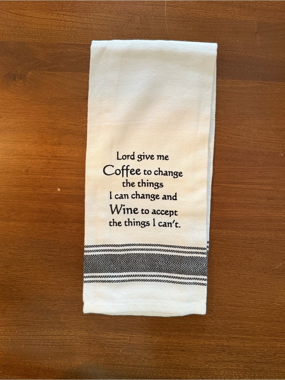 White Cotton Kitchen Towel with Black Script and Stripe, Never Used